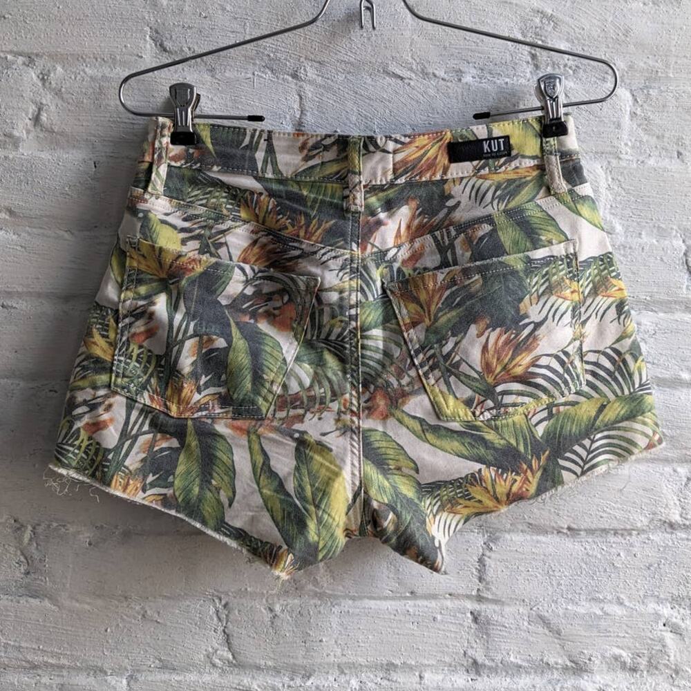 Distressed Denim Grunge Shorts High Rise Tropical Jungle Print Raw Hem Cut Offs - Picture 4 of 7